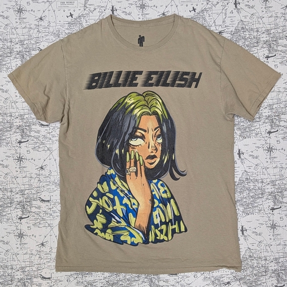 Billie Eilish Other - Billie Eilish Anime Portrait Graphic Tee in Tan Size Medium